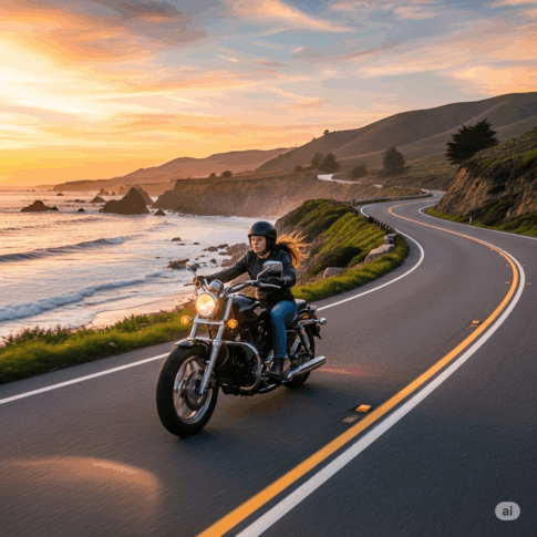 海岸をバイクで走る女性