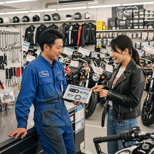 バイクショップの店員と客
